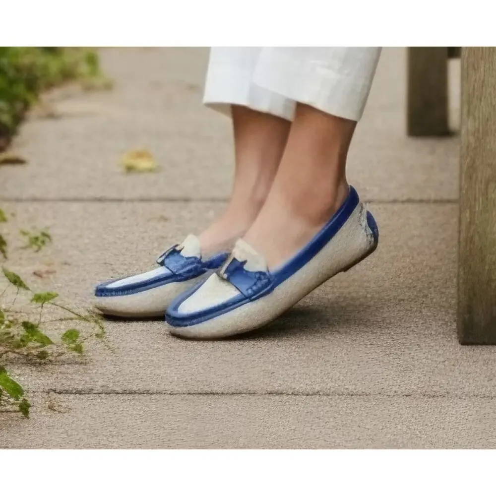 Tory Burch natural tan driving loafer with royal blue and gold logo T sz 8.5 SH2